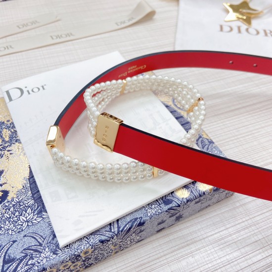 Dior Women's Belt in PLAIN COWHIDE on Both Sides, with Pearl Brass Chain! Belt width 2.5cm full package!