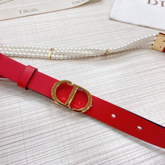 Dior Women's Belt in PLAIN COWHIDE on Both Sides, with Pearl Brass Chain! Belt width 2.5cm full package!