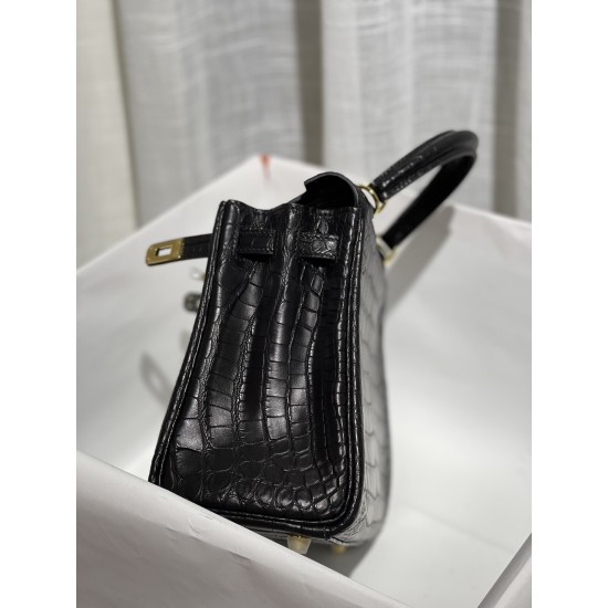 Hermès Kelly American crocodile Alligator Black gold Rare animal skin Hand-stitched waxed thread Size: 25cm