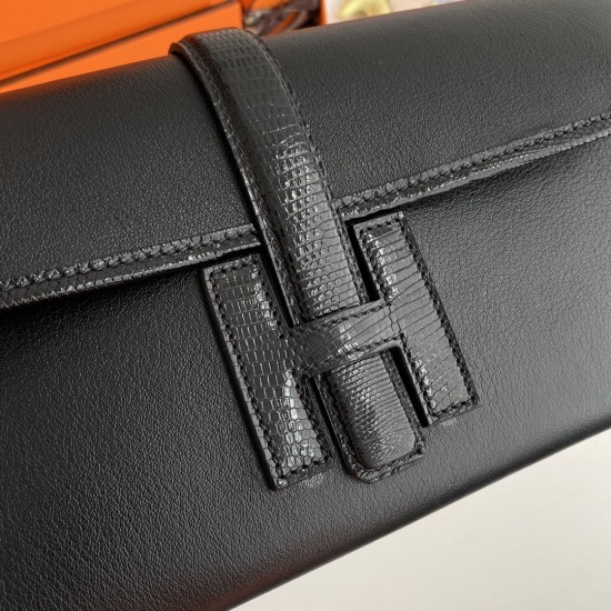 Hermes Jige 29cm swift black with black lizard leather clutch bag