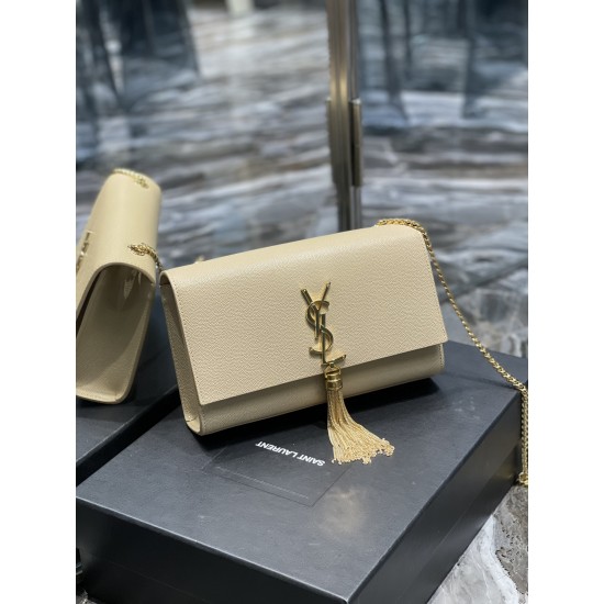 YSL KATE SMALL CHAIN BAG WITH TASSEL IN GRAIN DE POUDRE EMBOSSED LEATHER SIZE: 24x14.5x5cm