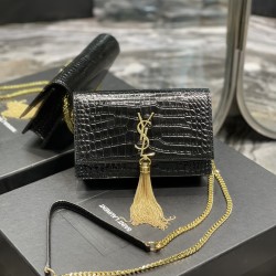 YSL KATE SMALL CHAIN BAG WITH TASSEL IN CROCODILE-EMBOSSED SHINY LEATHER SIZE:20 X 12,5 X 5 CM  