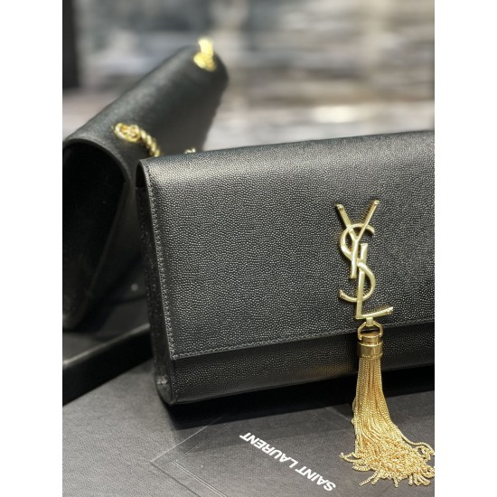 YSL KATE SMALL CHAIN BAG WITH TASSEL IN GRAIN DE POUDRE EMBOSSED LEATHER SIZE: 24x14.5x5cm