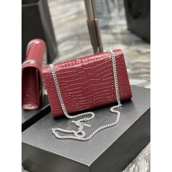 YSL KATE SMALL CHAIN BAG WITH TASSEL IN CROCODILE-EMBOSSED SHINY LEATHER SIZE:24x14.5x5cm