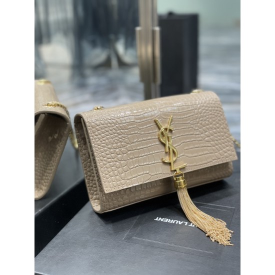 YSL KATE SMALL CHAIN BAG WITH TASSEL IN CROCODILE-EMBOSSED SHINY LEATHER SIZE:20 X 12,5 X 5 CM