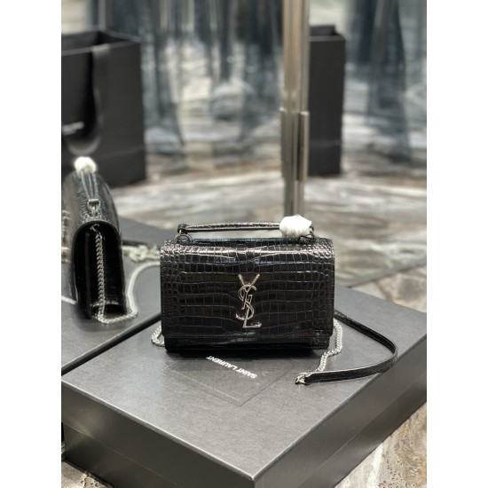 YSL SUNSET CHAIN WALLET IN CROCODILE-EMBOSSED SHINY LEATHER SIZE: 19x14x5.5cm