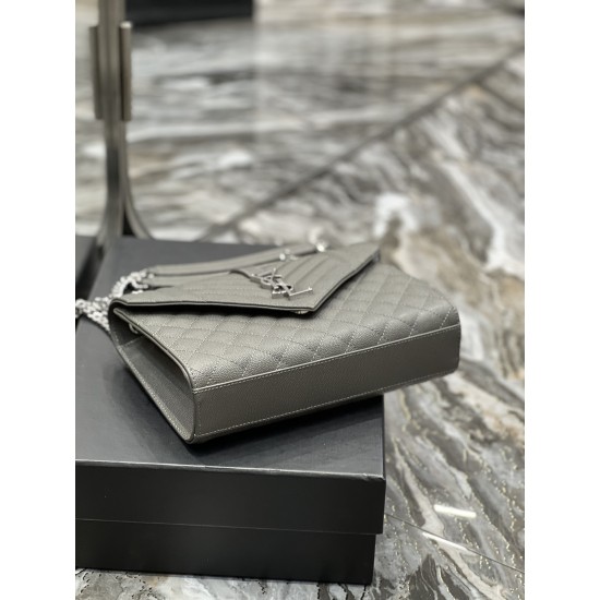 YSL Envelope Bag Grey Silver Buckle Medium Grain Embossed Quilted Size: 24x17.5x6cm