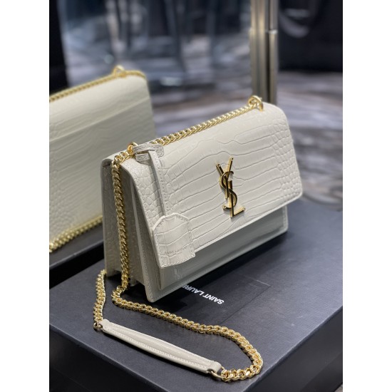 YSL SUNSET MEDIUM CHAIN BAG IN CROCODILE EMBOSSED SHINY LEATHER SIZE:22 X 16 X 8 CM