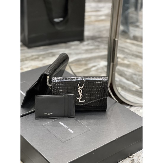 YSL UPTOWN CHAIN WALLET IN CROCODILE-EMBOSSED SHINY LEATHER