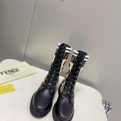Fendi Rockoko Black leather biker boots with stretch fabric
