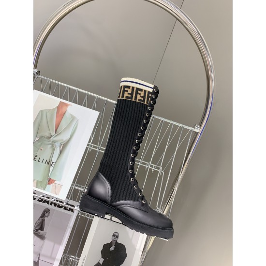 Fendi Rockoko Black leather ankle boots with stretch fabric