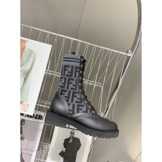 Fendi Rockoko Black leather biker boots with stretch fabric