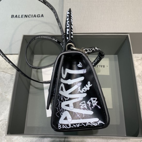 BALENCIAGA HOURGLASS HANDBAG GRAFFITI IN OPTIC WHITE