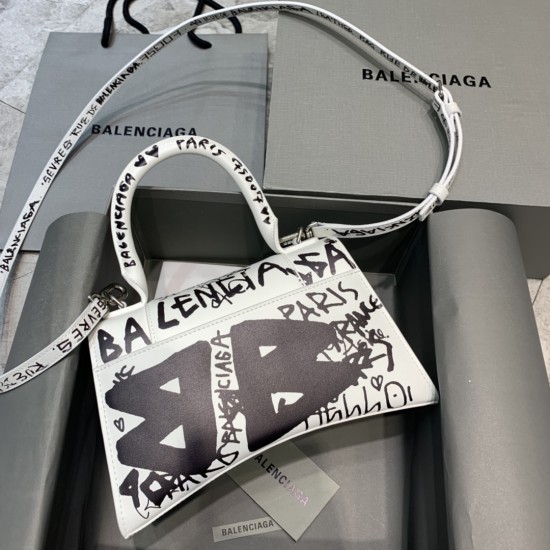 BALENCIAGA HOURGLASS HANDBAG GRAFFITI IN OPTIC WHITE