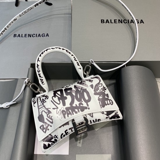 BALENCIAGA HOURGLASS HANDBAG GRAFFITI IN OPTIC WHITE