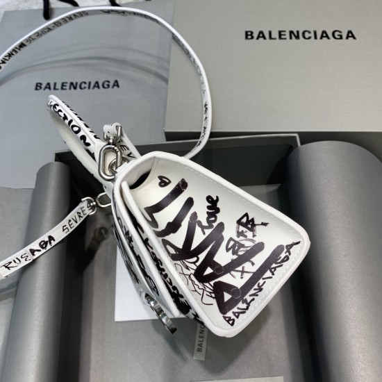 BALENCIAGA HOURGLASS HANDBAG GRAFFITI IN OPTIC WHITE