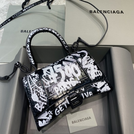 BALENCIAGA HOURGLASS HANDBAG GRAFFITI IN OPTIC WHITE