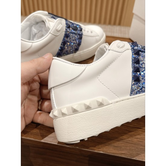 Valentino ROCKSTUD UNTITLED SNEAKER IN CALFSKIN LEATHER WITH METALLIC STRIPE