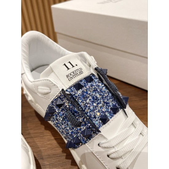 Valentino ROCKSTUD UNTITLED SNEAKER IN CALFSKIN LEATHER WITH METALLIC STRIPE