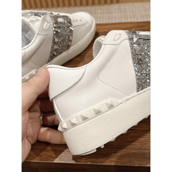 Valentino ROCKSTUD UNTITLED SNEAKER IN CALFSKIN LEATHER WITH METALLIC STRIPE