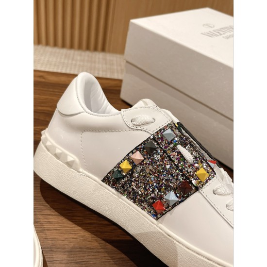 Valentino ROCKSTUD UNTITLED SNEAKER IN CALFSKIN LEATHER WITH METALLIC STRIPE