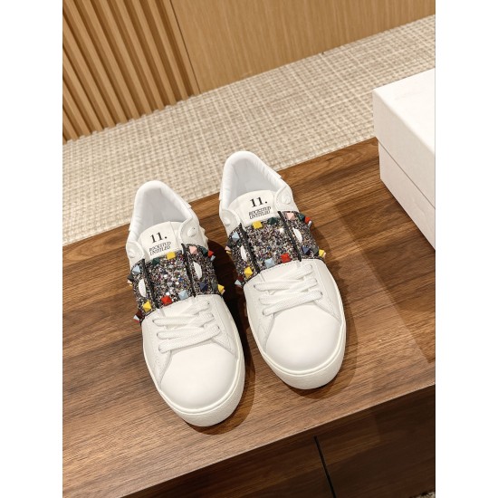 Valentino ROCKSTUD UNTITLED SNEAKER IN CALFSKIN LEATHER WITH METALLIC STRIPE