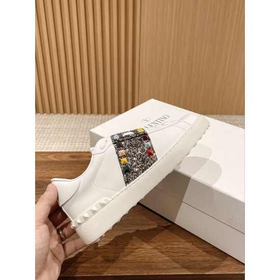 Valentino ROCKSTUD UNTITLED SNEAKER IN CALFSKIN LEATHER WITH METALLIC STRIPE