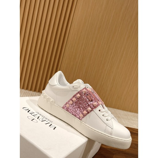 Valentino ROCKSTUD UNTITLED SNEAKER IN CALFSKIN LEATHER WITH METALLIC STRIPE