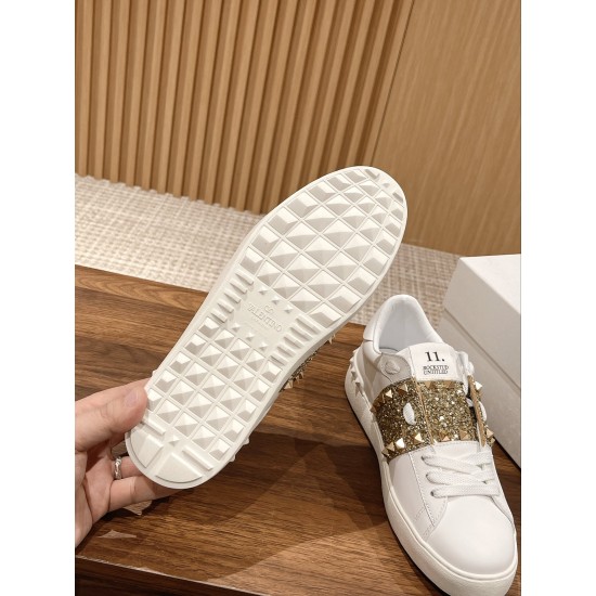 Valentino ROCKSTUD UNTITLED SNEAKER IN CALFSKIN LEATHER WITH METALLIC STRIPE