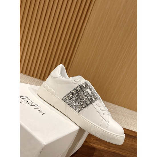 Valentino ROCKSTUD UNTITLED SNEAKER IN CALFSKIN LEATHER WITH METALLIC STRIPE