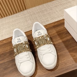 Valentino ROCKSTUD UNTITLED SNEAKER IN CALFSKIN LEATHER WITH METALLIC STRIPE